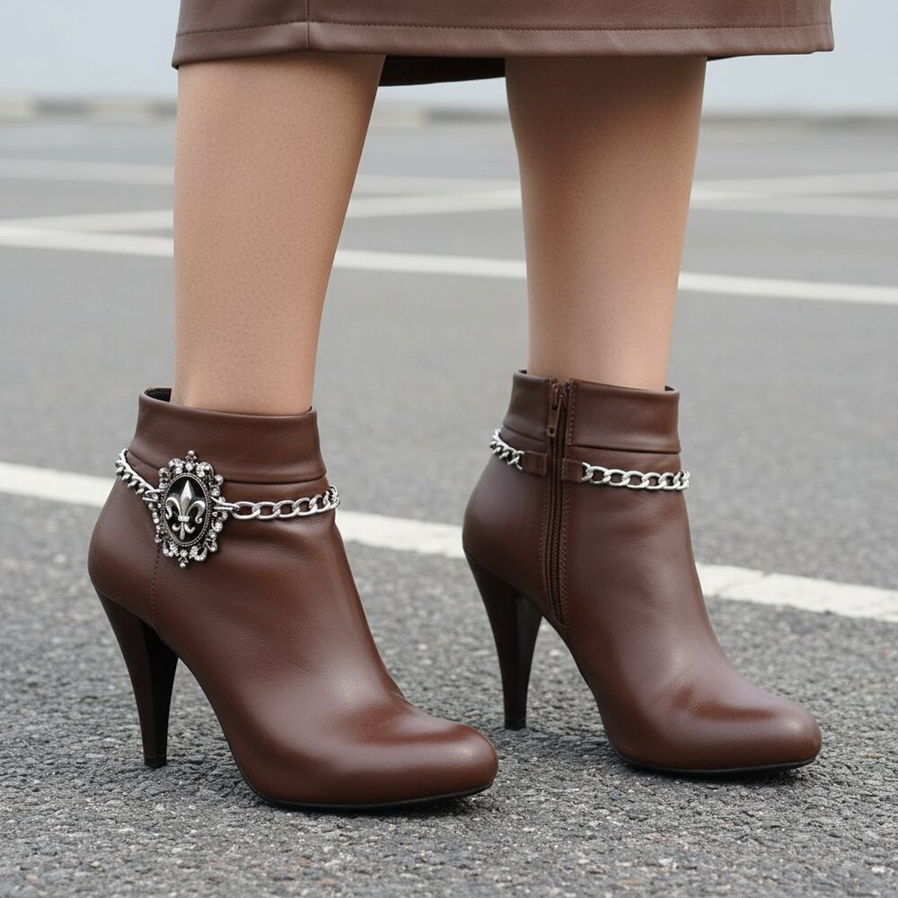 NEW Women 2PCS Silver Metal Boot Chain Shoe Anklet Bling Fleur De Lis Charm PAIR - Picture 15 of 17